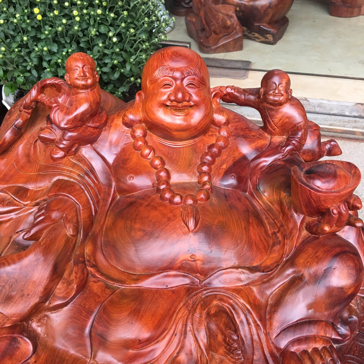 Di Lặc Nhị Phúc Ngồi ĐếTiền Gỗ Hương Nguyên Khối