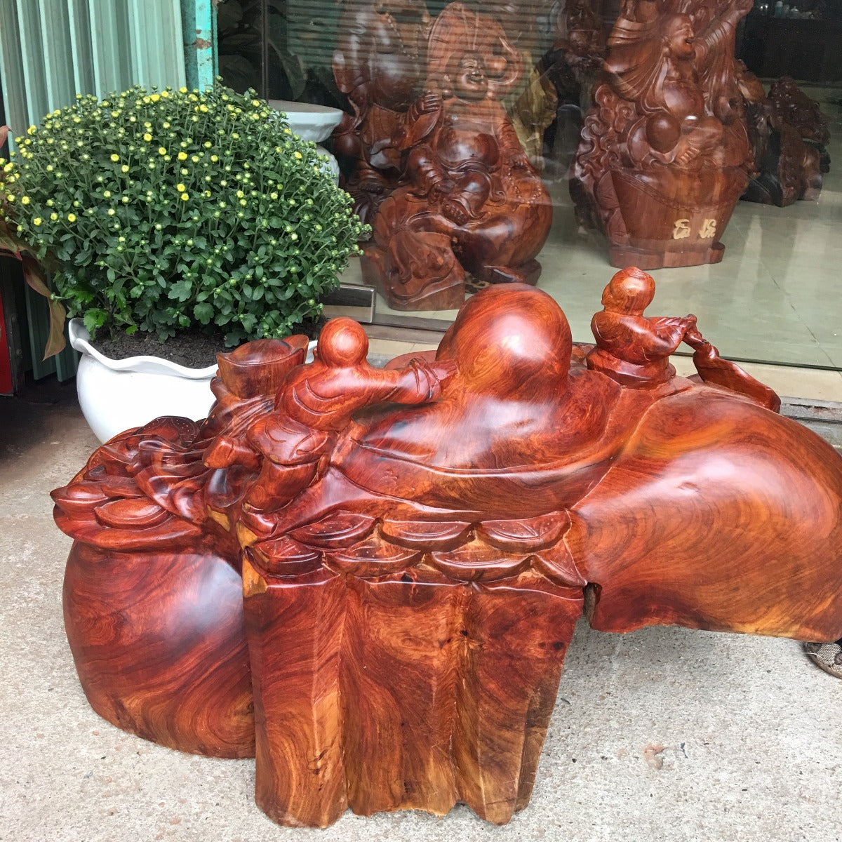 Di Lặc Nhị Phúc Ngồi ĐếTiền Gỗ Hương Nguyên Khối