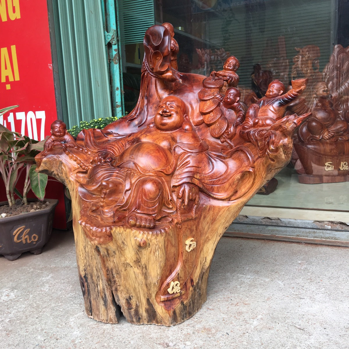 Di Lặc Ngũ Phúc Lũa Gốc Cây Hương Nguyên Khối