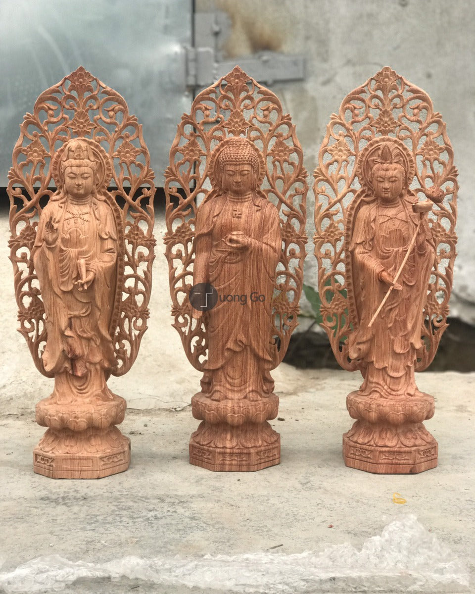 Tây Phương Tam Thánh Đứng Đài Sen Có Lá Đề