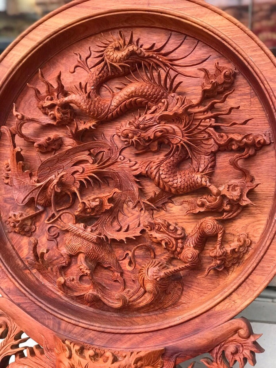 Đĩa Gỗ Tứ Linh - Long Lân Quy Phụng  Đường Kính 40
