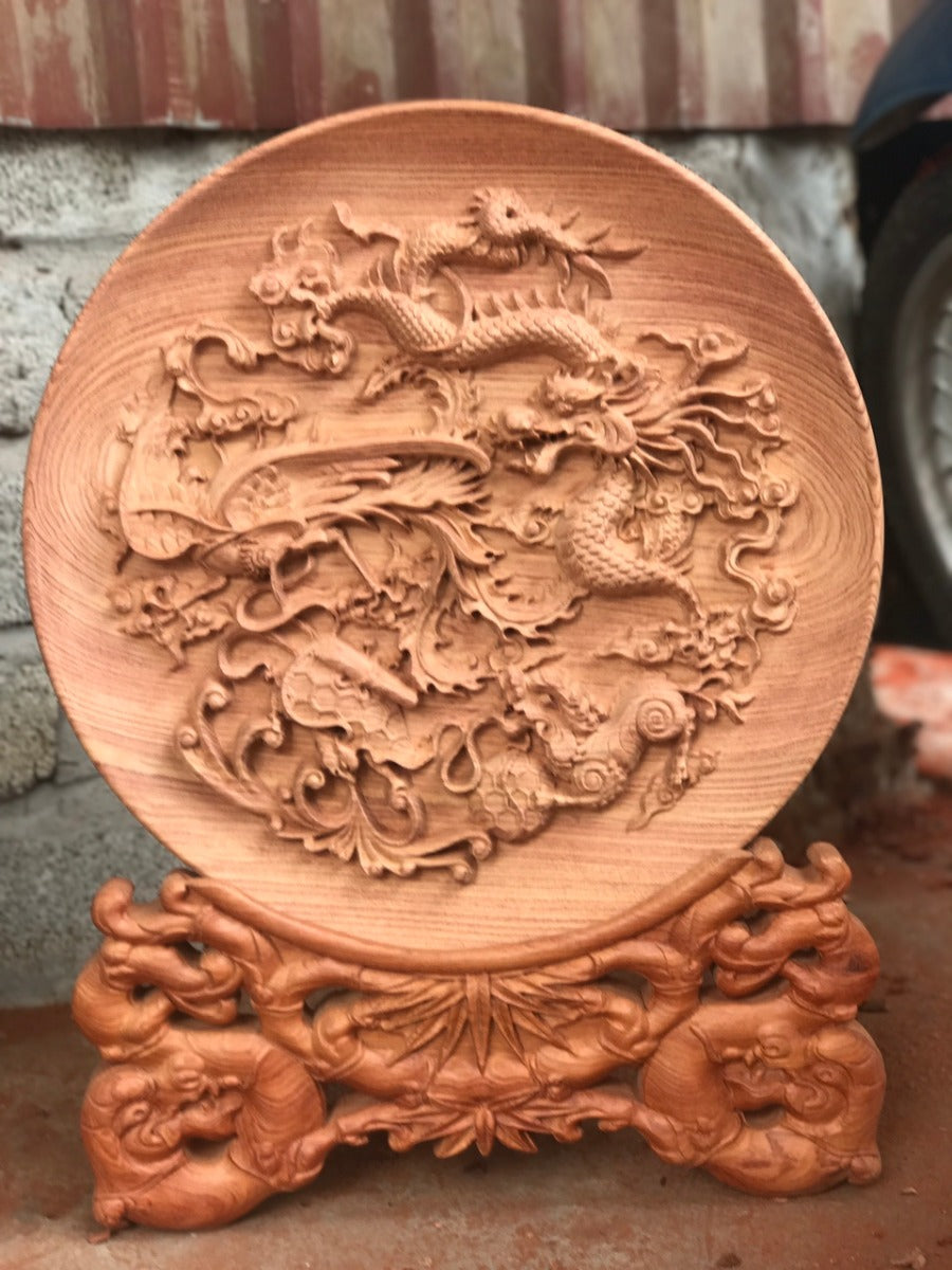 Đĩa Gỗ Tứ Linh - Long Lân Quy Phụng - Đế Trúc