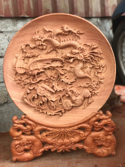 Đĩa Gỗ Tứ Linh - Long Lân Quy Phụng - Đế Trúc