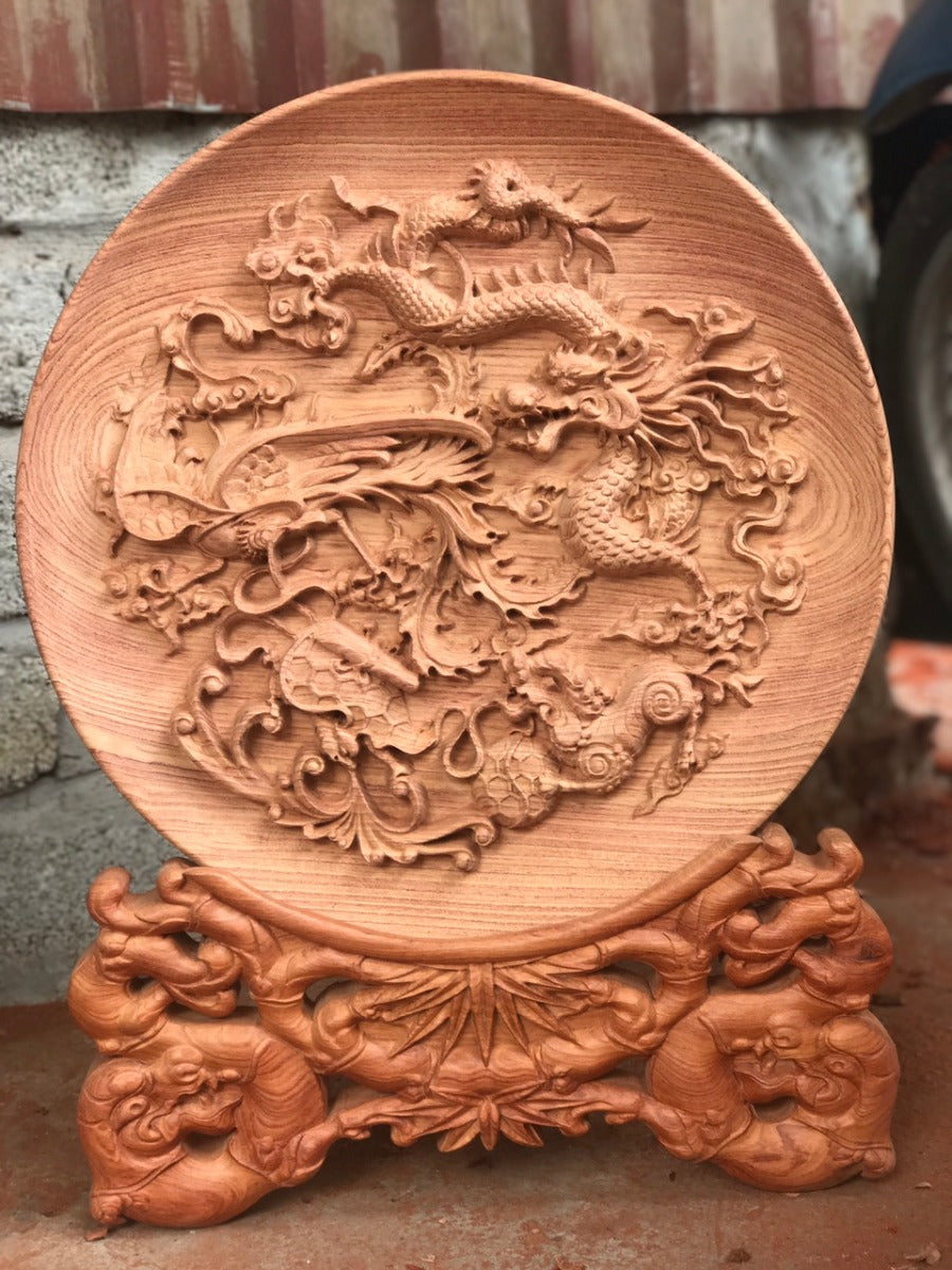 Đĩa Gỗ Tứ Linh - Long Lân Quy Phụng - Đế Trúc