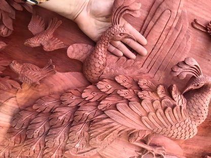 Tranh Quạt Chim Công -  Phu Thê Viên Mãn - Đục Tay
