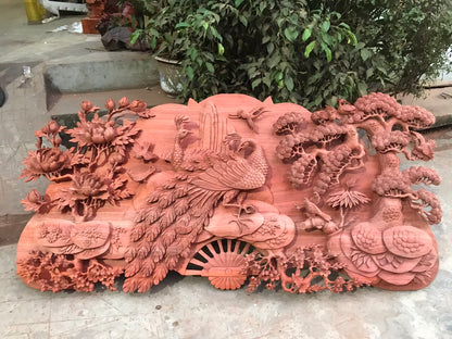 Tranh Quạt Chim Công -  Phu Thê Viên Mãn - Đục Tay