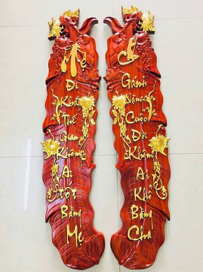 Tranh Cha Mẹ - Chữ Thư Pháp Dát Vàng - Kiểu Lá Chuối