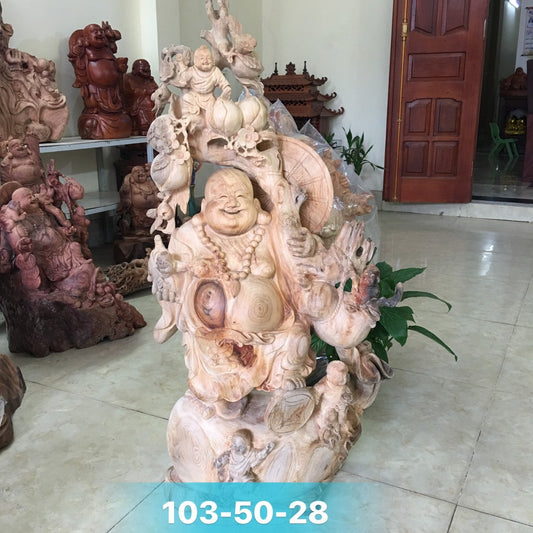 Tượng Di Lặc Vác Cành Đào Gỗ Pơ Mu