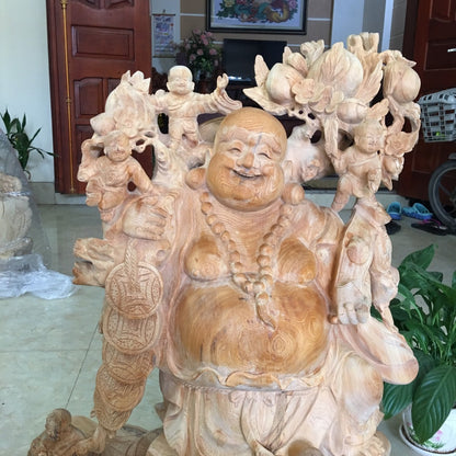 Tượng Di Lặc Vác Cành Đào Gỗ Pơ Mu Cao 80