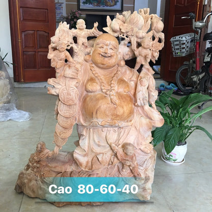 Tượng Di Lặc Vác Cành Đào Gỗ Pơ Mu Cao 80