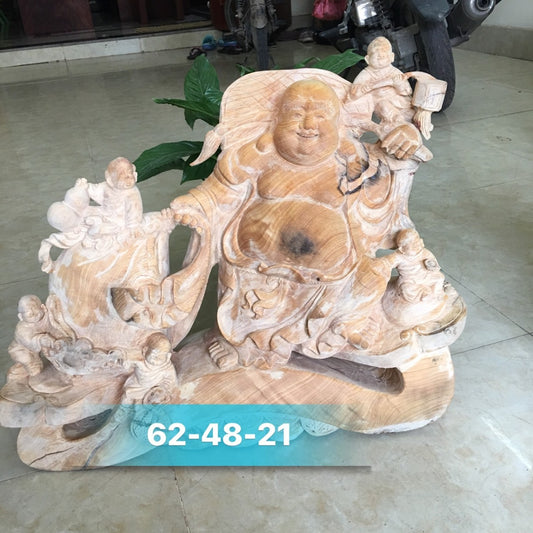 Tượng Di Lặc Vác Cành Đào Gỗ Pơ Mu Cao 62