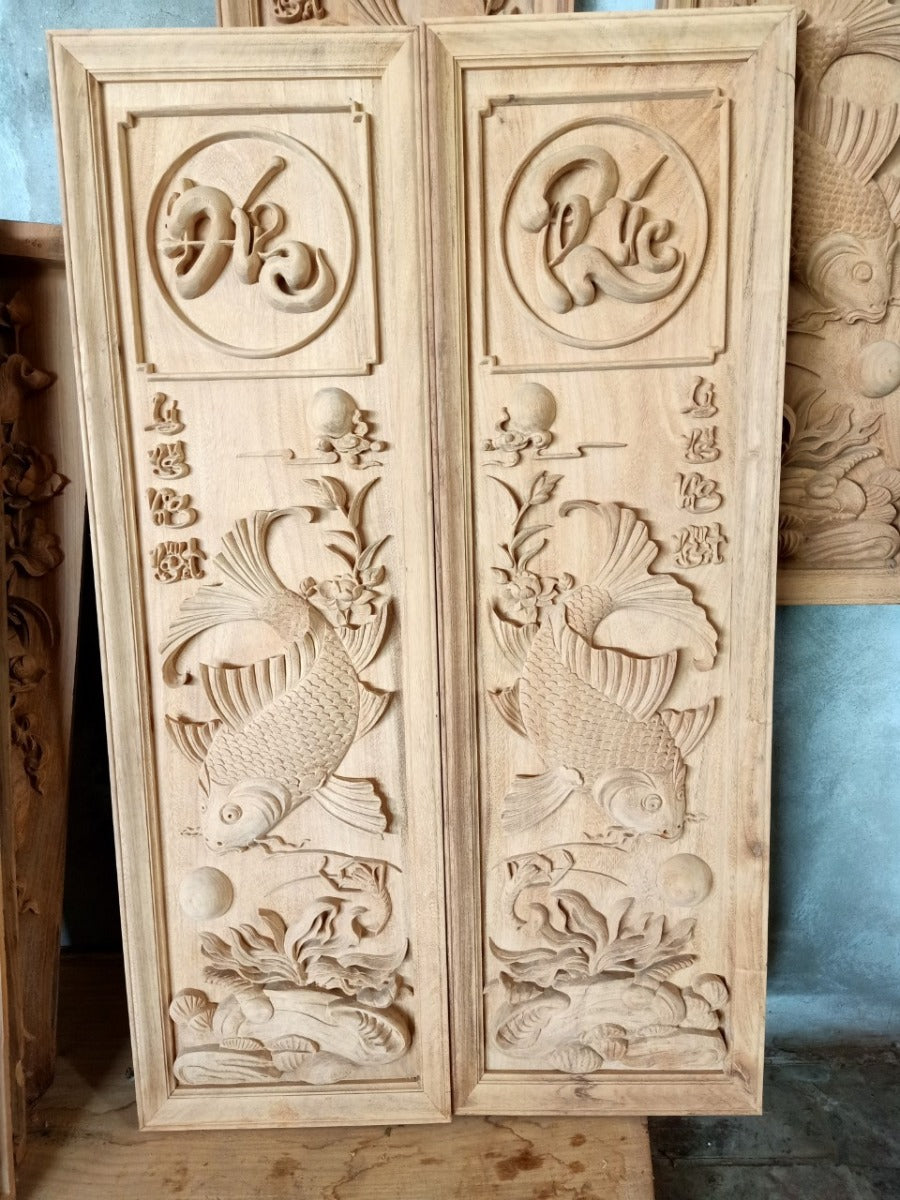 Tranh Cá Chép Trông Trăng Phúc Đức  Gỗ Gõ Đỏ