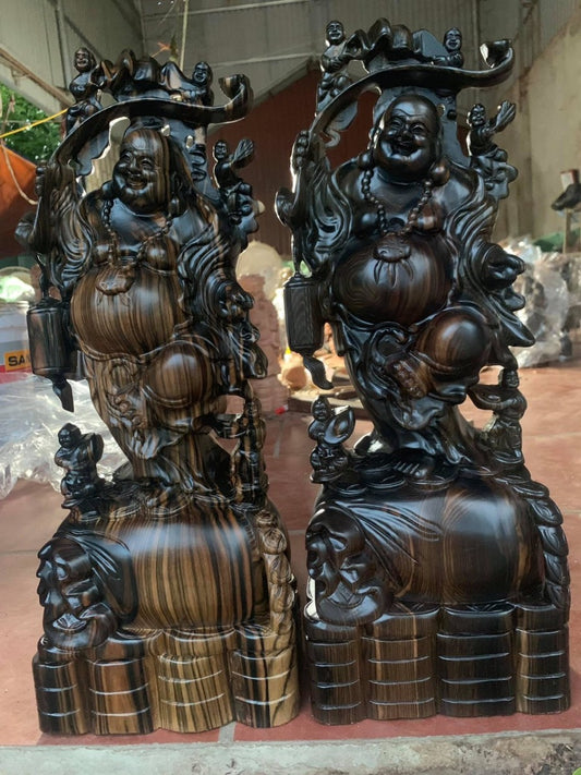 Di Lặc Ngũ Phúc Gánh Lồng Đèn Gỗ Mun