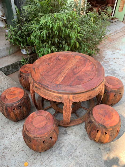Bộ Trống Bàn Tròn  Gỗ Trắc Lào 6 Đôn