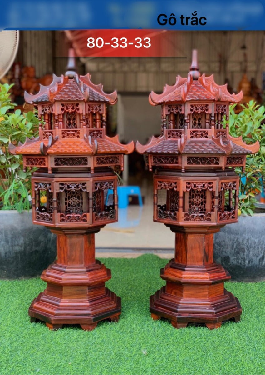 Đèn Thờ - Cặp Lồng Đèn 2 Tầng Gỗ Trắc Cao Cấp