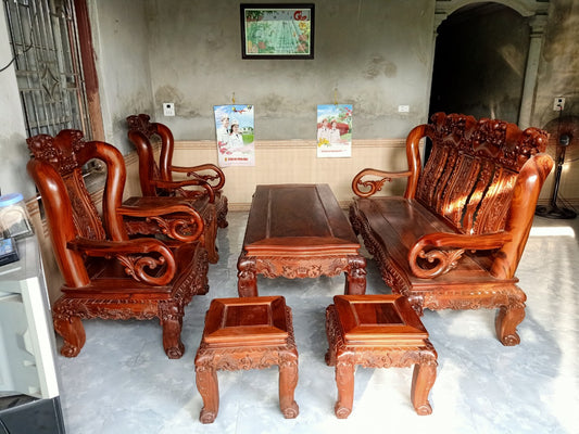 Bộ Bàn Ghế Minh Đào 7 Món Tay 12 Gỗ Gụ Ta Siêu Vân