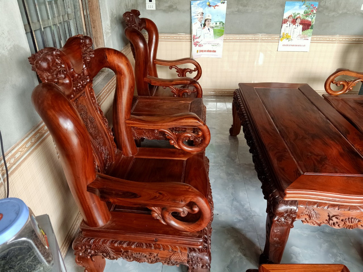 Bộ Bàn Ghế Minh Đào 7 Món Tay 12 Gỗ Gụ Ta Siêu Vân