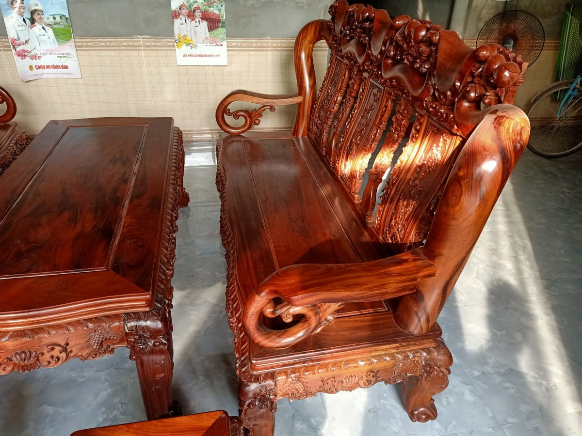 Bộ Bàn Ghế Minh Đào 7 Món Tay 12 Gỗ Gụ Ta Siêu Vân