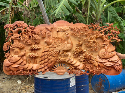 Tranh Quạt Gỗ  Chim Công -  Phu Thê Viên Mãn - Đục Tay