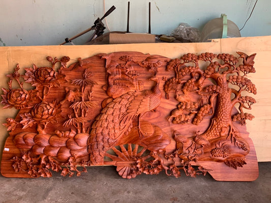 Tranh Quạt Chim Công -  Phu Thê Viên Mãn - Đục Tay  Ngang 120