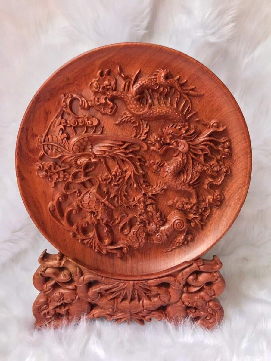 Đĩa Gỗ Tứ Linh - Long Lân Quy Phụng - Đế Trúc
