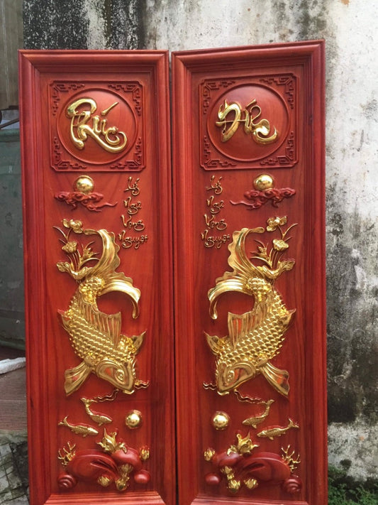 Tranh Gỗ Cá Chép Trông Trăng - Phúc Đức  Giáp Vàng