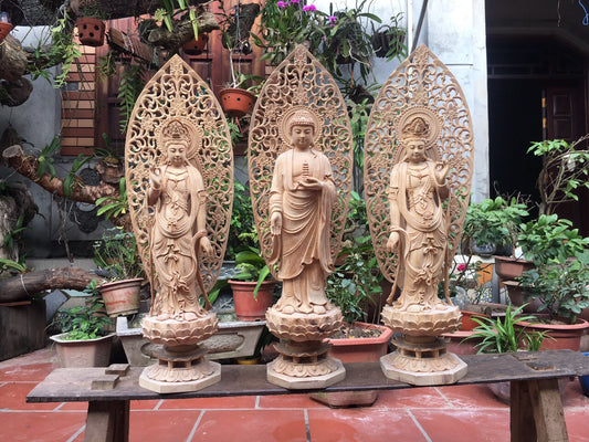 Tượng Phật Tam Thánh Đứng Đài Sen Có Lá Đề Cao 50