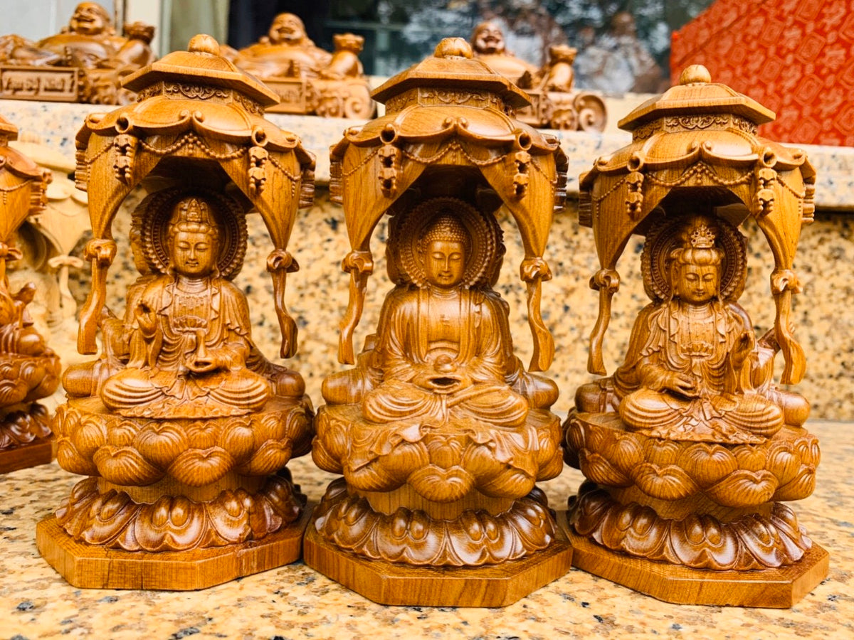 Tượng Phật Tam Thánh Ngồi Gỗ Bách Xanh