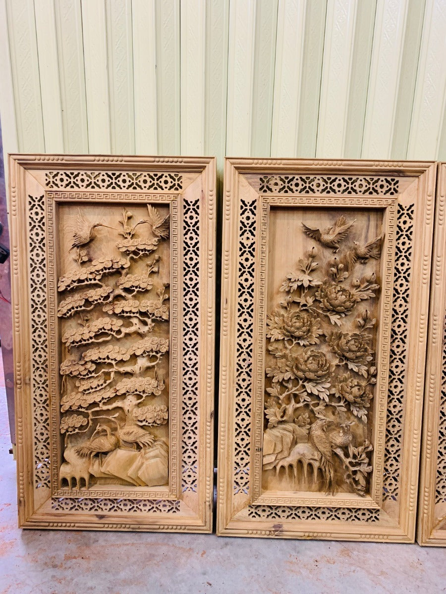 Bộ Tranh Tứ Quý - Gỗ Bách Xanh Đục Tay Kênh Boong