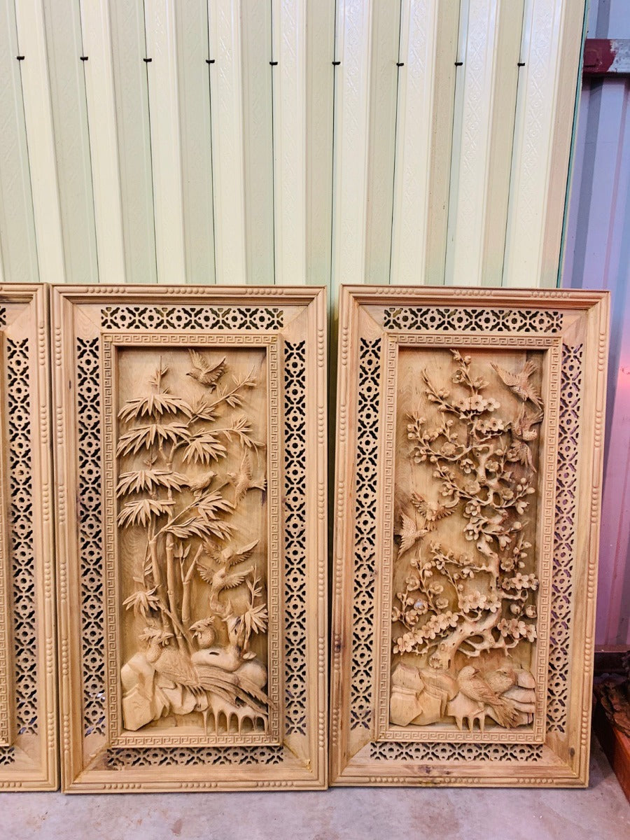 Bộ Tranh Tứ Quý - Gỗ Bách Xanh Đục Tay Kênh Boong
