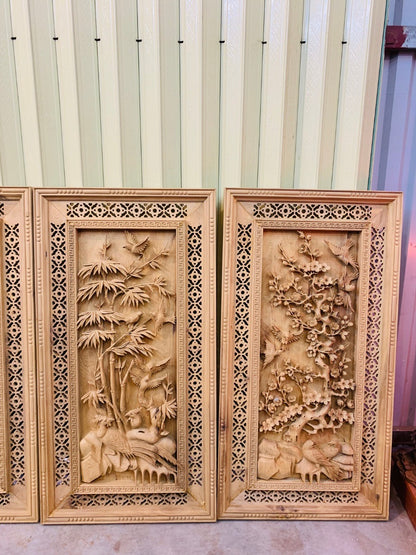Bộ Tranh Tứ Quý - Gỗ Bách Xanh Đục Tay Kênh Boong