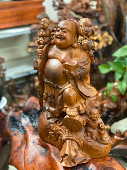 Di Lặc Nhị Phúc Gỗ Hương Đứng Bao Tiền