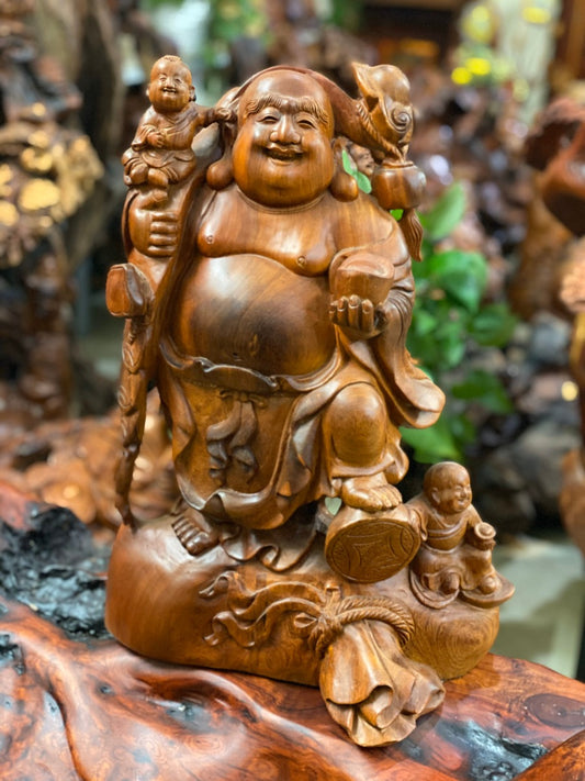 Di Lặc Nhị Phúc Gỗ Hương Đứng Bao Tiền