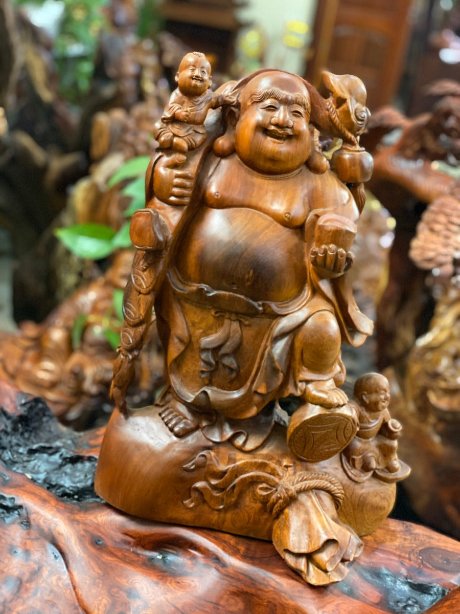 Di Lặc Nhị Phúc Gỗ Hương Đứng Bao Tiền