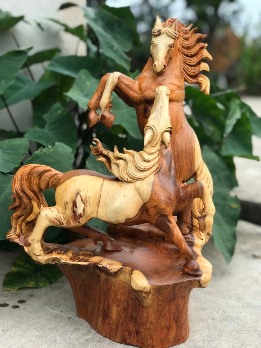 Tượng Song Mã Uyên Ương Gỗ Hương
