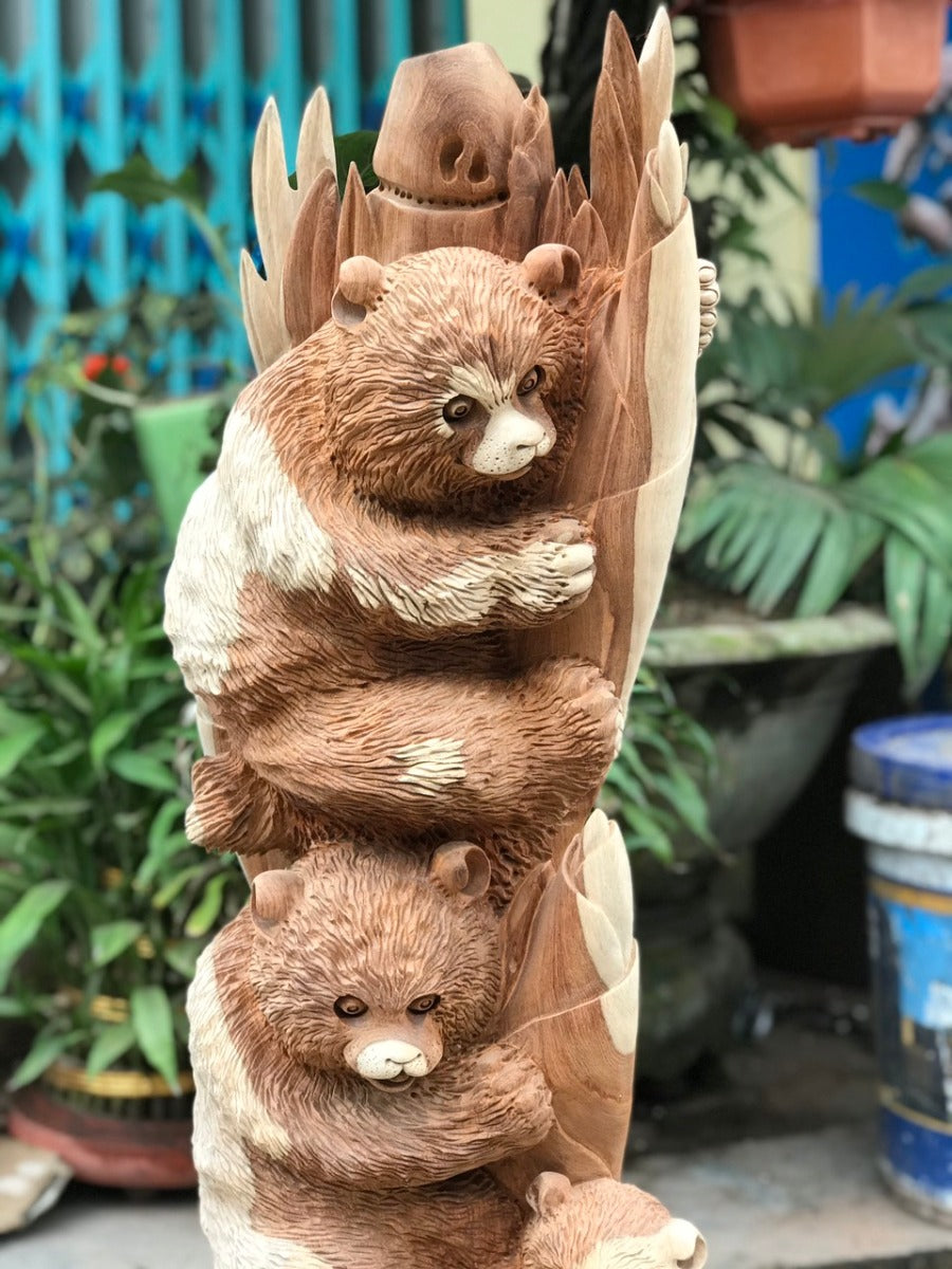 Tượng Gia ĐÌnh Gấu Trúc Gỗ Hương
