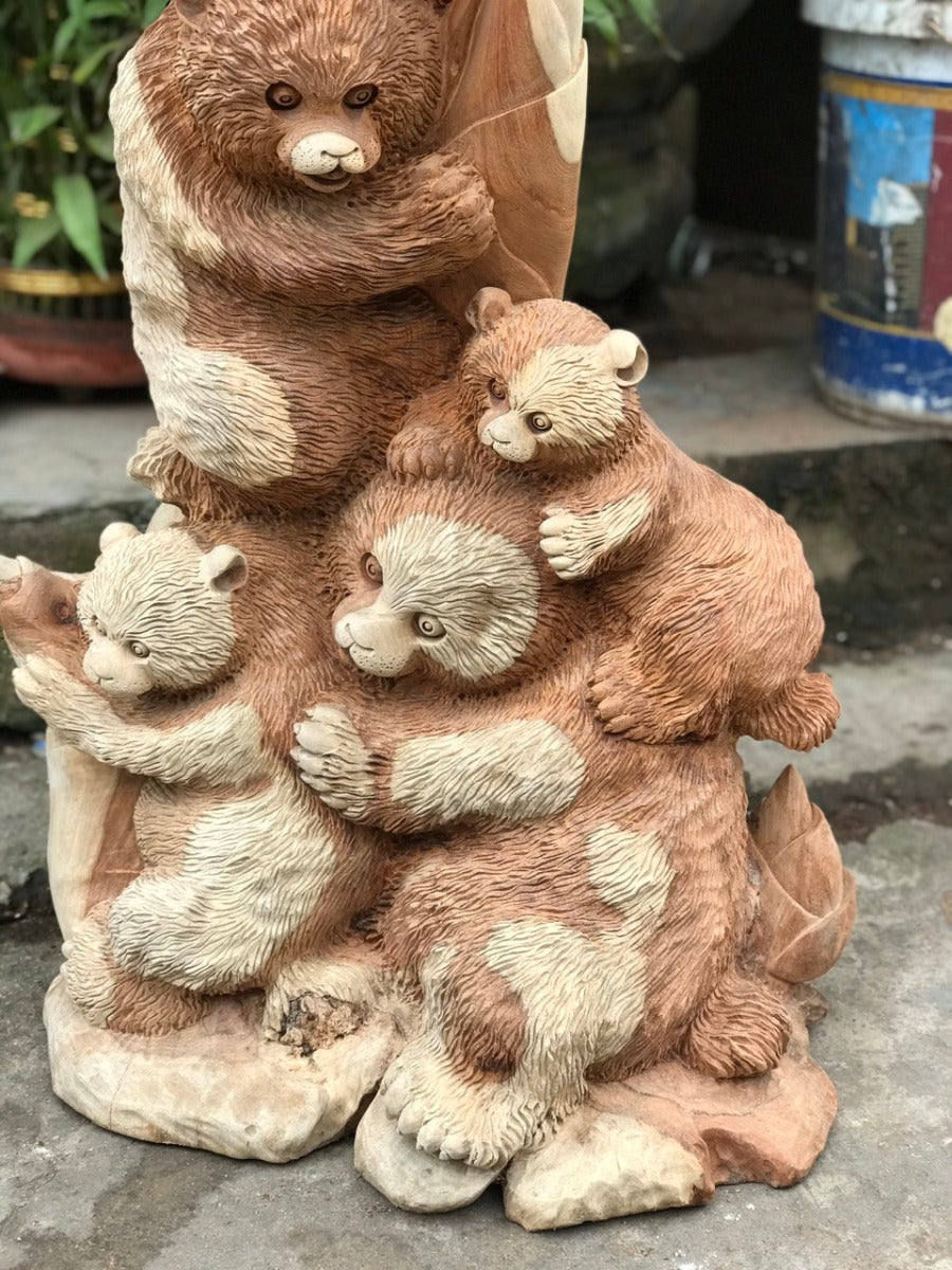 Tượng Gia ĐÌnh Gấu Trúc Gỗ Hương