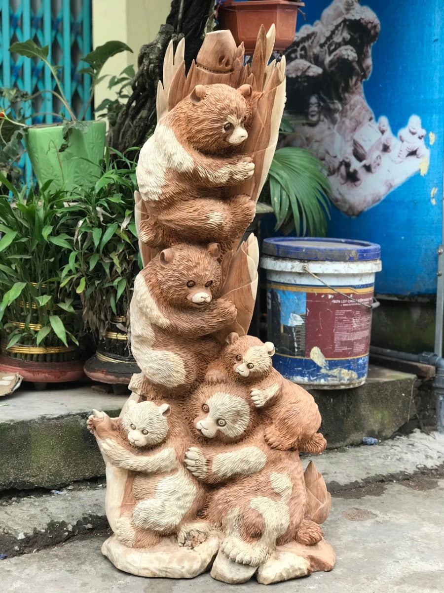 Tượng Gia ĐÌnh Gấu Trúc Gỗ Hương
