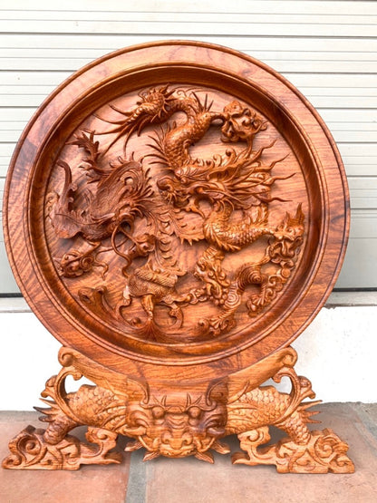 Đĩa Gỗ Tứ Linh - Long Lân Quy Phụng Đường Kính 40