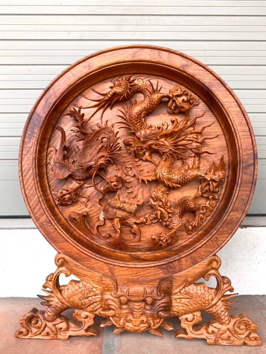 Đĩa Gỗ Tứ Linh - Long Lân Quy Phụng Đường Kính 40