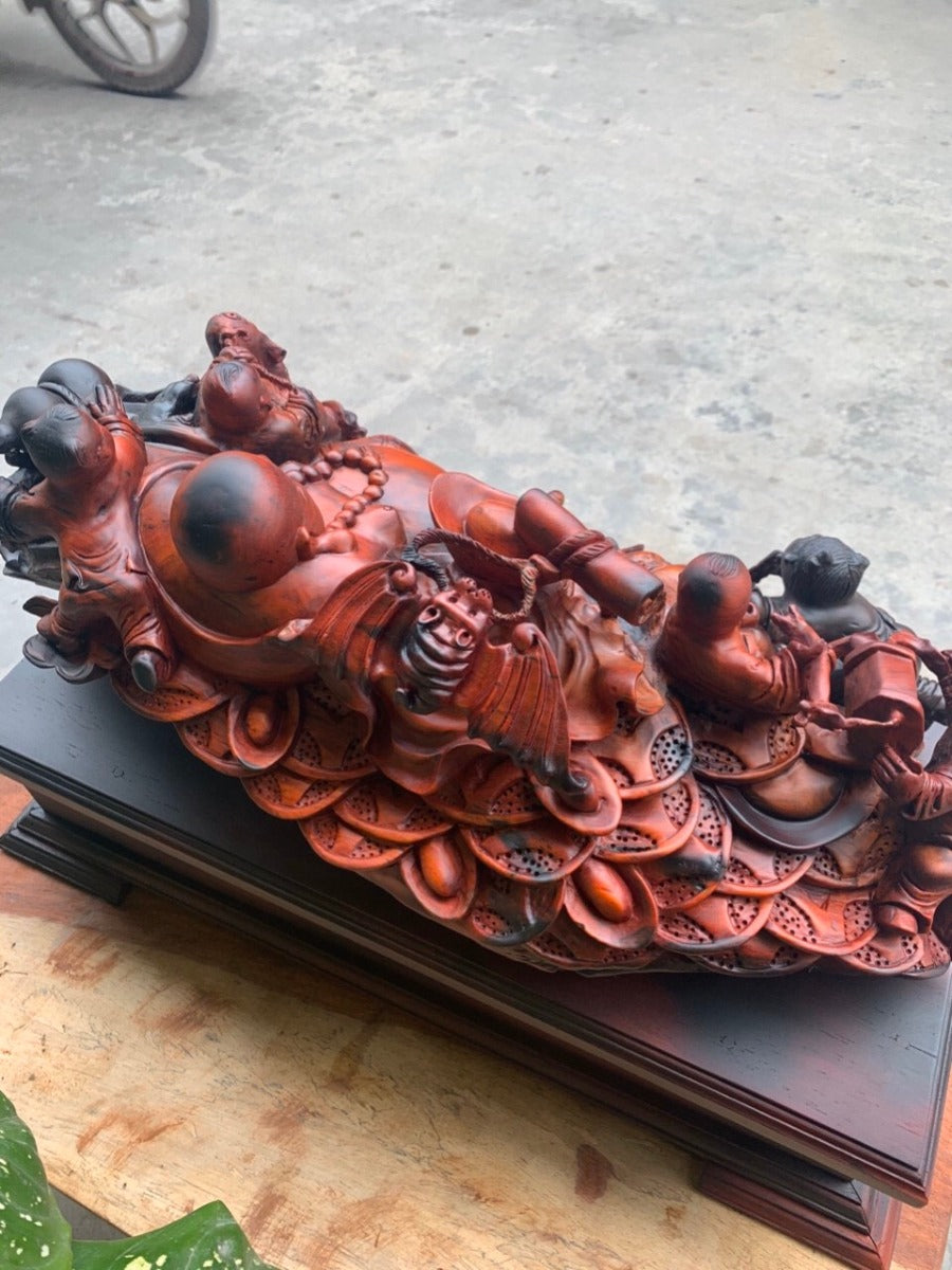 Tượng Di Lặc Ngồi Ngũ Quỷ Gỗ Trắc Đỏ Đen