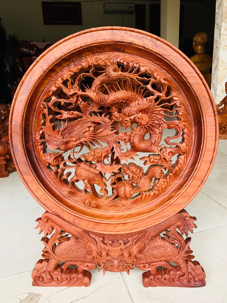 Đĩa Tứ Linh Long Lân Quy Phụng Gỗ Hương