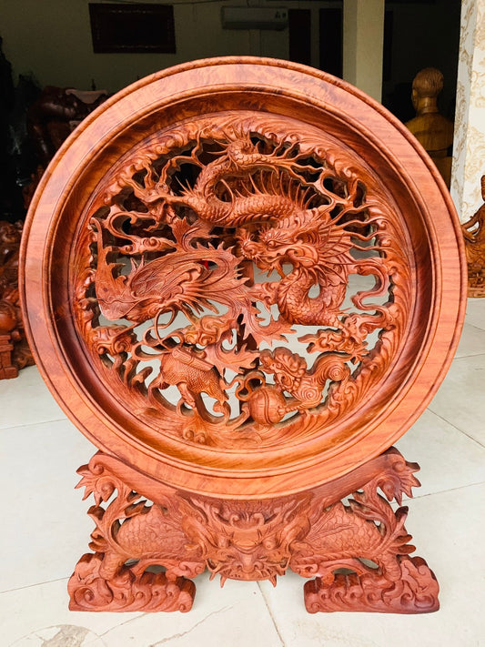 Đĩa Tứ Linh Long Lân Quy Phụng Gỗ Hương