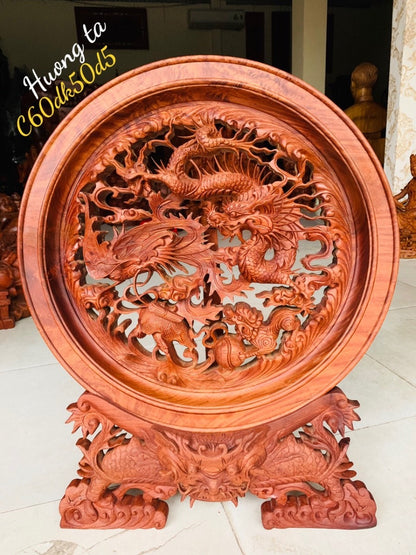 Đĩa Tứ Linh Long Lân Quy Phụng Gỗ Hương
