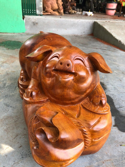 Tượng Gỗ Linh Vật  Con Heo - Tài Lộc
