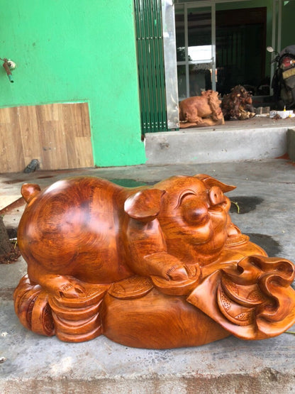 Tượng Gỗ Linh Vật  Con Heo - Tài Lộc
