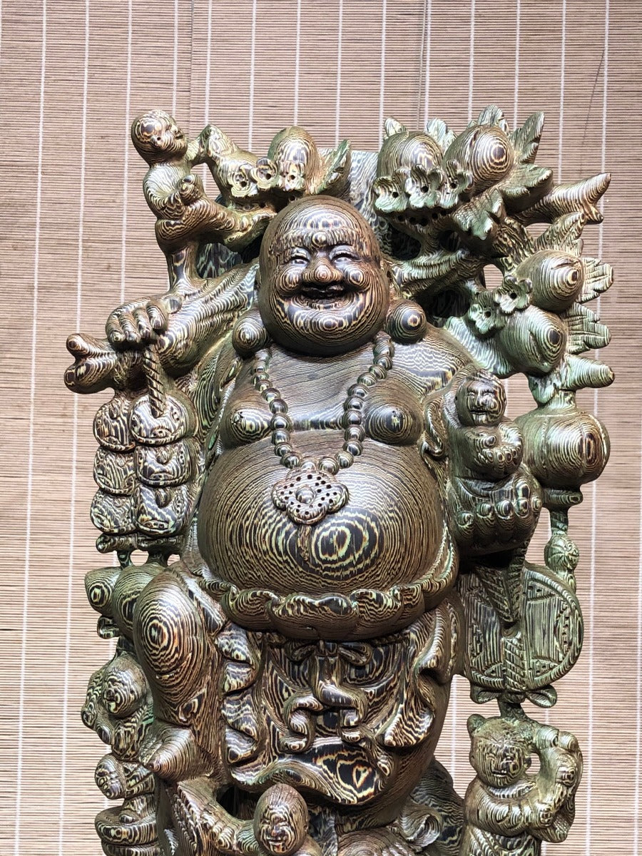 Di Lặc Ngũ Phúc Vác Cành Đào Gỗ Mun Đuôi Công