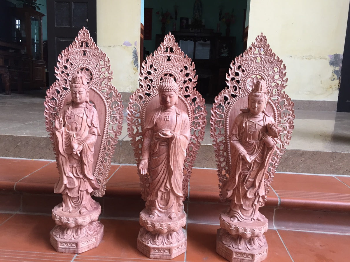 Tây Phương Tam Thánh Đứng Đài Sen Cao 40 Có lá Đề