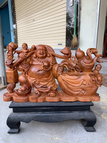 Di Lặc Ngũ Phúc Kéo Bao Tiền Ngang 62 Gỗ Hương