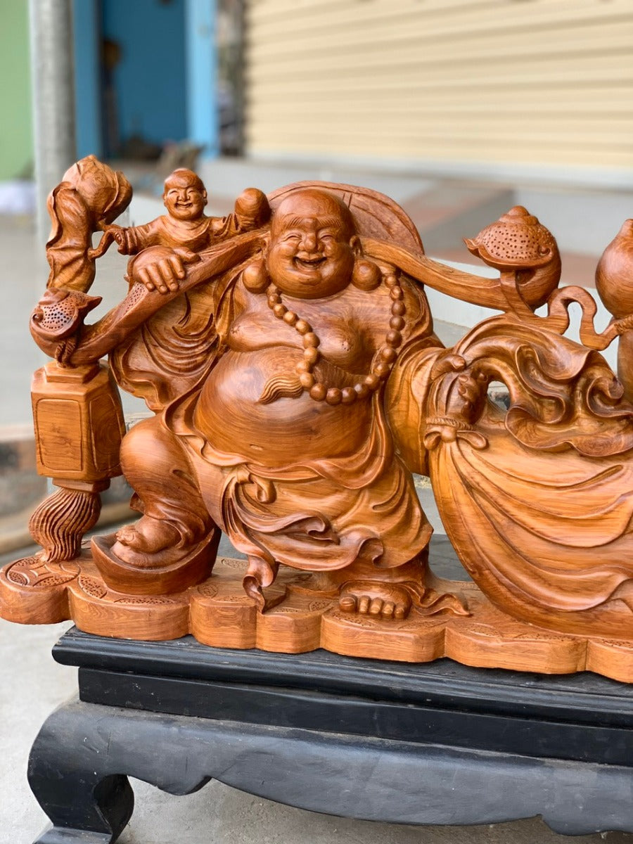 Di Lặc Ngũ Phúc Kéo Bao Tiền Ngang 62 Gỗ Hương